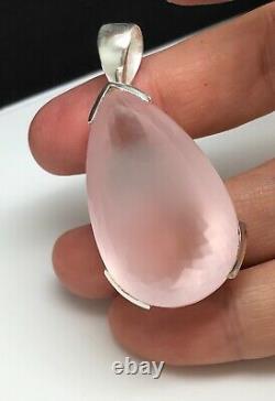 Large rose quartz pear pendant, solid Sterling silver, faceted, beautiful, new