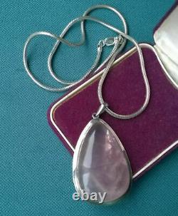 Large rose quartz pendant solid sterling 925 with 20 heavy snake chain