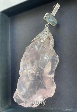 Large rough cut rose quartz & aquamarine pendant
