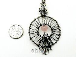Large vintage silver necklace brutalist pendant with rose quartz stone 835 mark