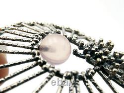 Large vintage silver necklace brutalist pendant with rose quartz stone 835 mark