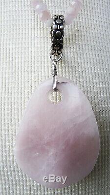 Long Morganite Rose quartz Pendant S925 Sterling silver necklace gemstone beads