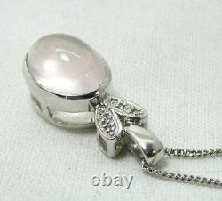 Lovely 9 carat White Gold Large Rose Quartz And Diamond Pendant And Chain