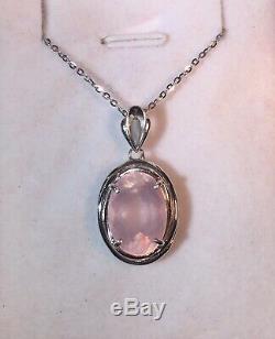 Luminous large rare natural Rose Quartz oval faceted 10x14mm silver pendant