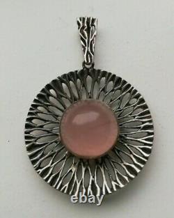 MODERNISM mid century large sun burst statement silver and rose quartz pendant