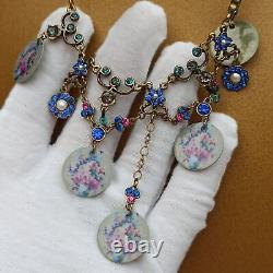 Michal Negrin Bib Necklace Rose Chandelier Retro Floral & Blue Pink Crystals Box