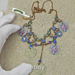 Michal Negrin Bib Necklace Rose Chandelier Retro Floral & Blue Pink Crystals Box