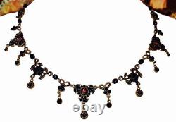 Michal Negrin Black Victorian Necklace Rose Cameo Crystal Beads Floral Bib Chain