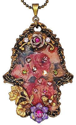 Michal Negrin Hamsa Necklace Pink Roses Floral Pendant Crystals Victorian Retro