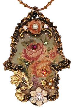 Michal Negrin Hamsa Necklace Victorian Roses Floral Pendant Swarovski Crystals