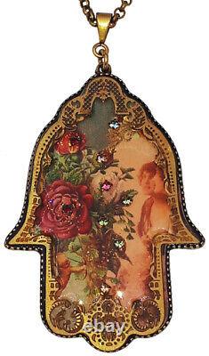 Michal Negrin Hamsa Necklace Victorian Woman Roses Crystal Filigree Pendant Boho