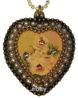 Michal Negrin Heart Necklace Roses Pearl Pendant Chain Victorian Flowers Love