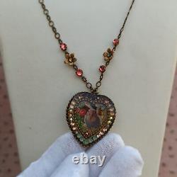 Michal Negrin Heart Parrot Rose Necklace Retro Floral & Swarovski Crystals Gift
