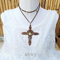 Michal Negrin Huge Cross Long Necklace Cameo Roses & Swarovski Crystals Gift New
