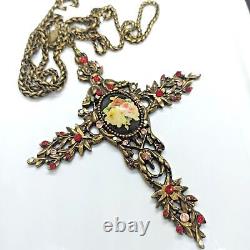 Michal Negrin Huge Cross Long Necklace Cameo Roses & Swarovski Crystals Gift New