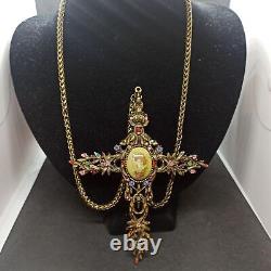 Michal Negrin Huge Cross Necklace Long Large Roses & Swarovski Crystals Gift Box