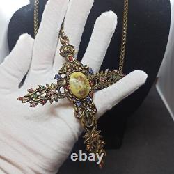 Michal Negrin Huge Cross Necklace Long Large Roses & Swarovski Crystals Gift Box