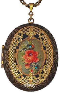 Michal Negrin Large Locket Necklace Rose Pendant Victorian Antique Boho Keepsake