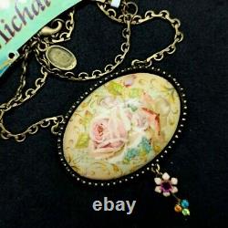 Michal Negrin Large Necklace Long Cabochon Cameo Rose & Swarovski Crystals Gift