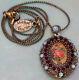 Michal Negrin Locket Necklace Rose Cameo Lace Sea Green Red Crystal Pendant