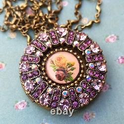 Michal Negrin Locket Necklace Roses With Purple Pink Swarovski Crystals Gift Box