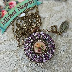 Michal Negrin Locket Necklace Roses With Purple Pink Swarovski Crystals Gift Box