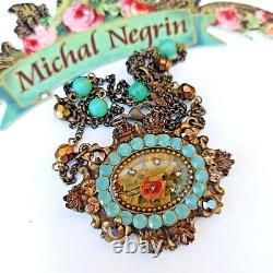 Michal Negrin Necklace Blue Large Cameo Roses & Swarovski Crystals Gift