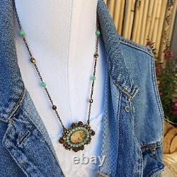 Michal Negrin Necklace Blue Large Cameo Roses & Swarovski Crystals Gift
