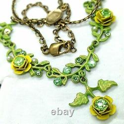 Michal Negrin Necklace Crystals Roses Yellow Green Statement Enamel Pearls Gift