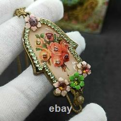 Michal Negrin Necklace Hamsa Large Roses Romantic Pink Long Crystals Gift NWT