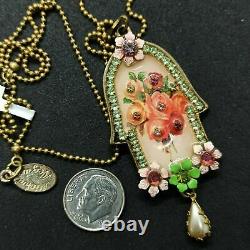 Michal Negrin Necklace Hamsa Large Roses Romantic Pink Long Crystals Gift NWT