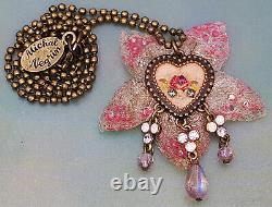 Michal Negrin Necklace Heart Organza Flower Rose Crystal Pendant Chain Victorian
