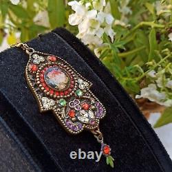Michal Negrin Necklace Large Filigree Hamsa Roses Red & Swarovski Crystals Gift