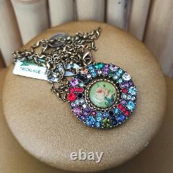 Michal Negrin Necklace Locket Photo Rose & Colorful Swarovski Crystals Gift Box