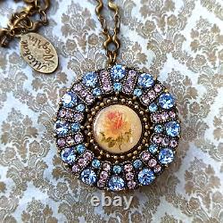 Michal Negrin Necklace Locket Roses & Lavender Blue Swarovski Crystals Gift Box