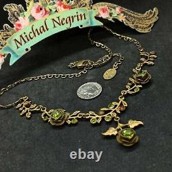 Michal Negrin Necklace Roses Statement Olive Green With Swarovski Crystals Gift