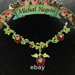 Michal Negrin Necklace Roses Statement Red Enamel With Swarovski Crystals Gift