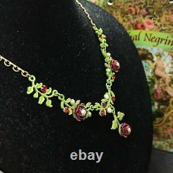 Michal Negrin Necklace Roses Statement Red Green Enamel Crystals & Pearls Gift