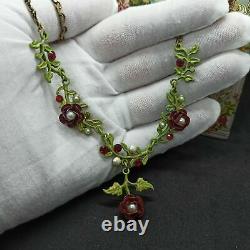 Michal Negrin Necklace Roses Statement Red Green Enamel Crystals & Pearls Gift