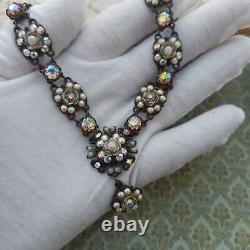 Michal Negrin Necklace White Roses Pearls Aurora Borealis Crystals Chunky Gift