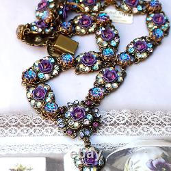 Michal Negrin Necklace Y-Drop Chunky Roses Purple Floral Crystals Massive Gift