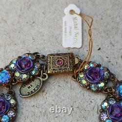 Michal Negrin Necklace Y-Drop Chunky Roses Purple Floral Crystals Massive Gift