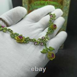 Michal Negrin Roses Necklace Yellow Fuchsia Flowers With Swarovski Crystals Gift