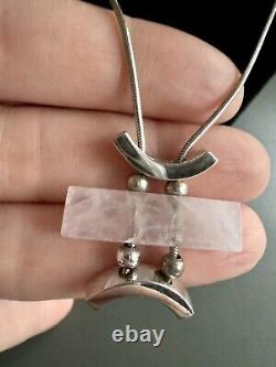 Modernist Necklace 18 Sterling Silver & Rose Quartz Abstract Jewelry 925 Rare