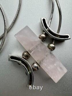 Modernist Necklace 18 Sterling Silver & Rose Quartz Abstract Jewelry 925 Rare