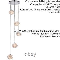 Multi Light Ceiling Pendant 5 Bulb Chrome & Crystal Glass Chandelier Height Lamp