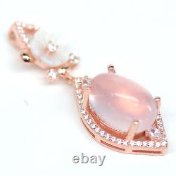 NATURAL 10 X 13 mm. ROSE QUARTZ, MOTHER OF PEARL CARVED & CZ PENDANT 925 SILVER