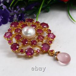 NATURAL 11mm. WHITE PEARL, RED RUBY & ROSE QUARTZ DROP BROOCH/PENDANT 925 SILVER
