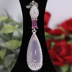 NATURAL 7 X 19 mm. ROSE QUARTZ WITH PINK TOPAZ & CZ PENDANT 925 STERLING SILVER