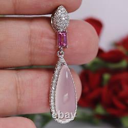 NATURAL 7 X 19 mm. ROSE QUARTZ WITH PINK TOPAZ & CZ PENDANT 925 STERLING SILVER
